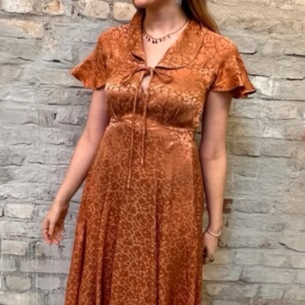 Ossie Clark for Radley silk damask dress in bronze orange